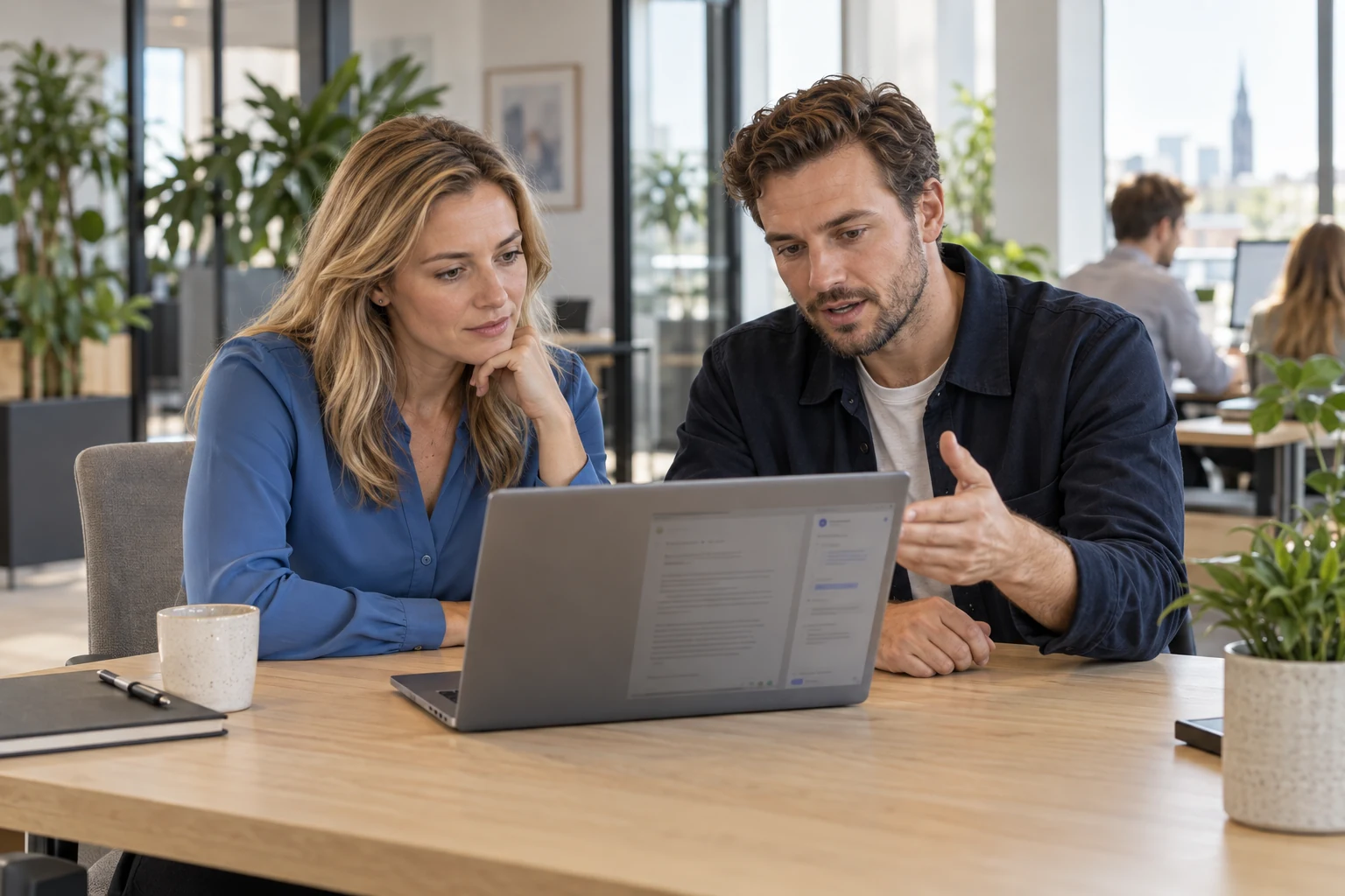 Illustratie van een gebruiker en een IT-specialist die samen een vraag aan een laptop bespreken